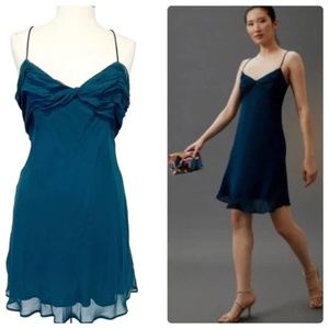 NWT Anthropologie Twist-Front Slip Mini Dress Strappy Teal Blue Size 10